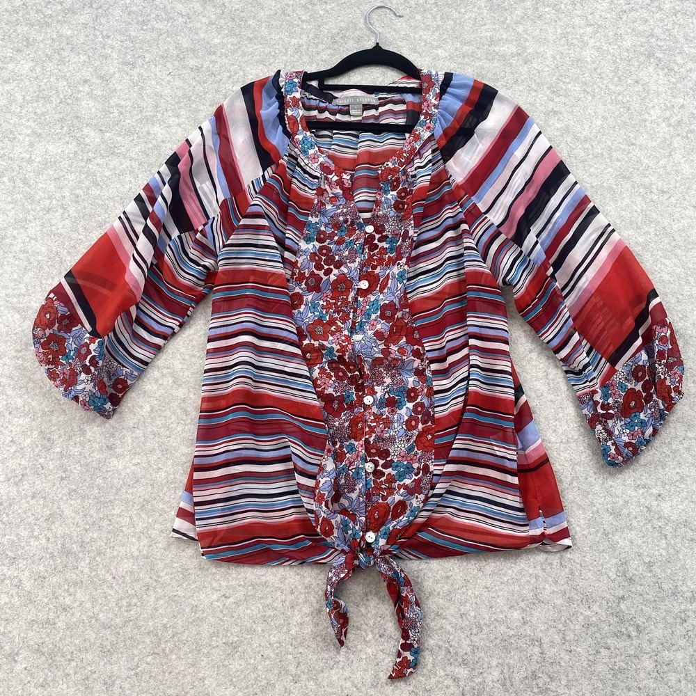 Valerie Stevens Top Womens L Multicolor Stripe Floral Tie Hem Tunic Blouse